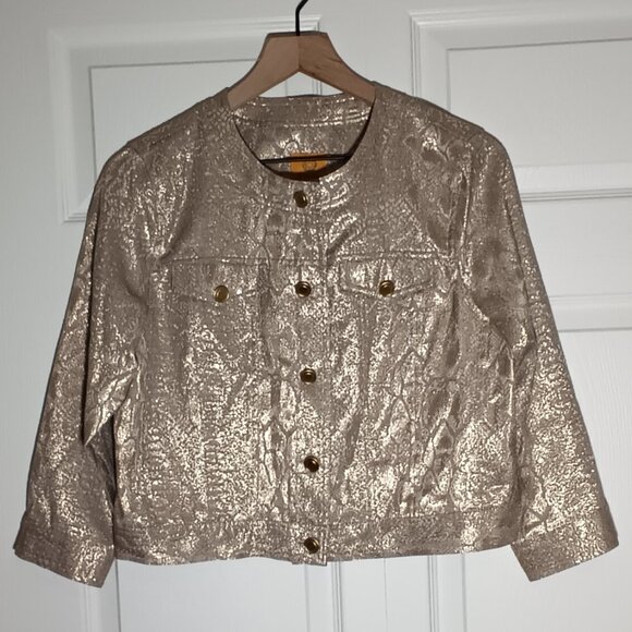 Ruby Rd Cropped Jacket Size 8 Long Sleeve Button Up Shiny Gold Snakeskin Print - Picture 1 of 7